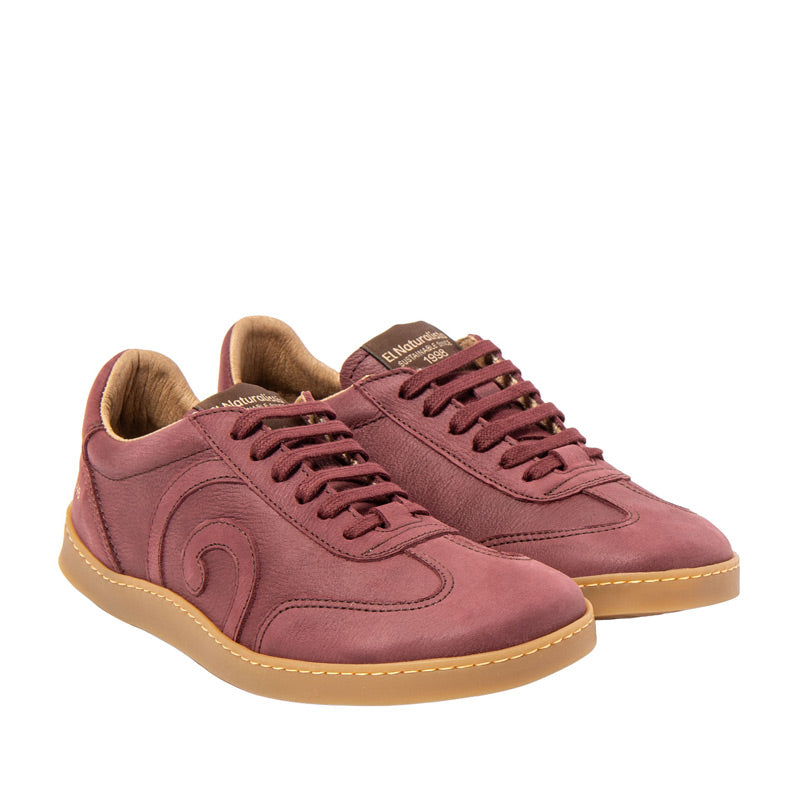Pair of El Naturalista Barefoot Pleasant Origen Shoes - Burgundy, angled view showing outer side and front.