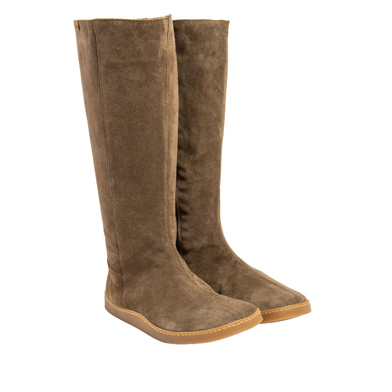 Pair of El Naturalista Barefoot Nappa Origen Boots - Sahara, angled view showing outer side and front.