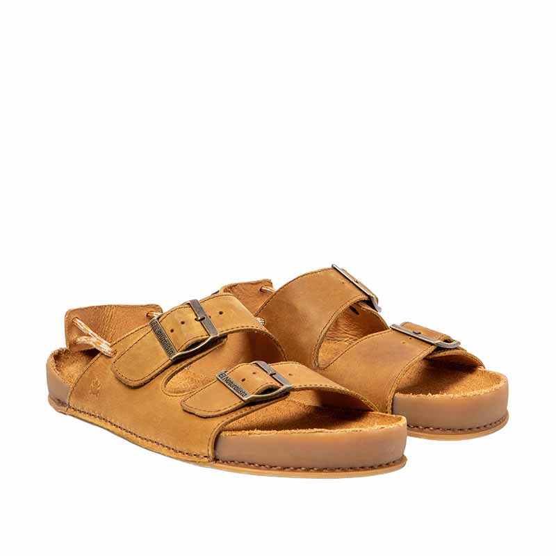 Pair of El Naturalista Barefoot Horizon Sandals - Brown, angled view showing outer side and front.