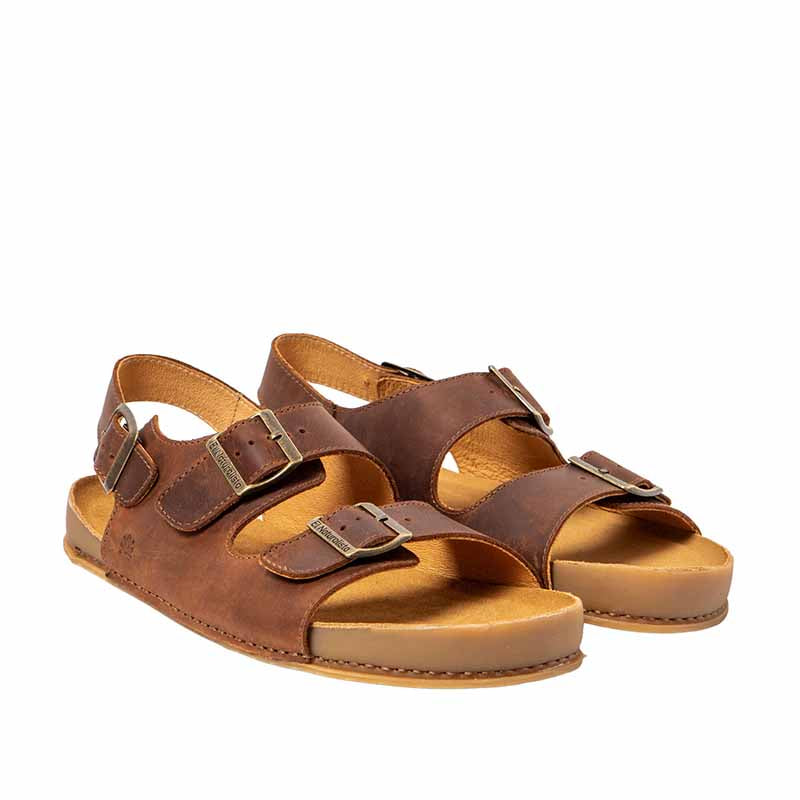 Pair of El Naturalista Barefoot Horizon Strap Sandals - Brown, angled view showing outer side and front.