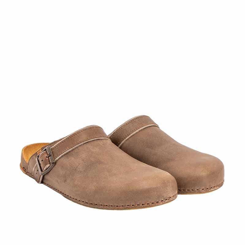 Pair of El Naturalista Barefoot Horizon Clogs - Stone, angled view showing outer side and front.