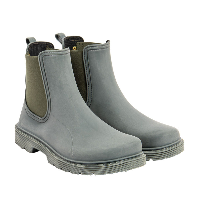 Pair of El Naturalista Barefoot Chuva Wellington Boots - Khaki, angled view showing outer side and front.