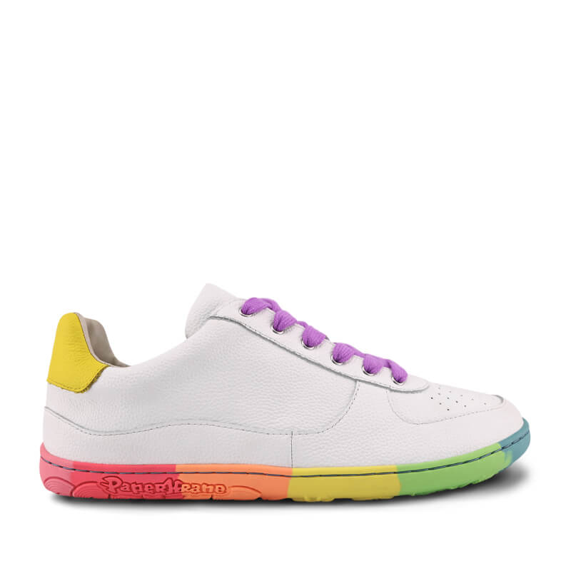 PaperKrane Adults Neon Low Trainer in white, outer side view.