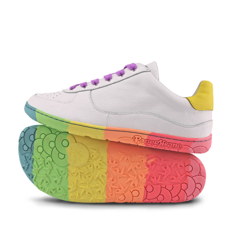 Pair of PaperKrane Adults Neon Low Trainers in white, one showing outer side, the other on it's side showing the sole.