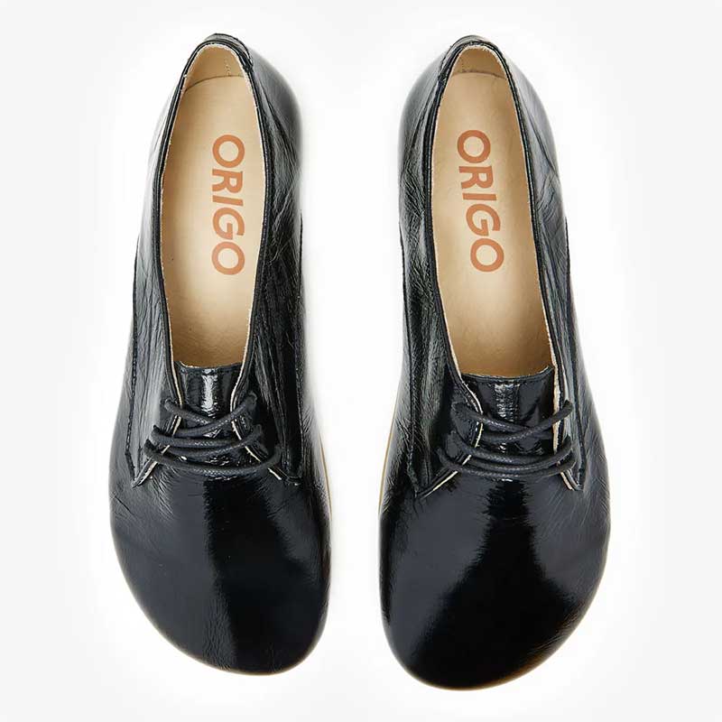 Pair of Origo Women's Derby Shoes - Black Patent, top view.