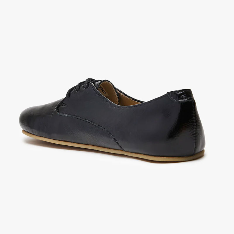 Origo Women's Derby Shoe - Black Patent, angled view showing inner side and rear.