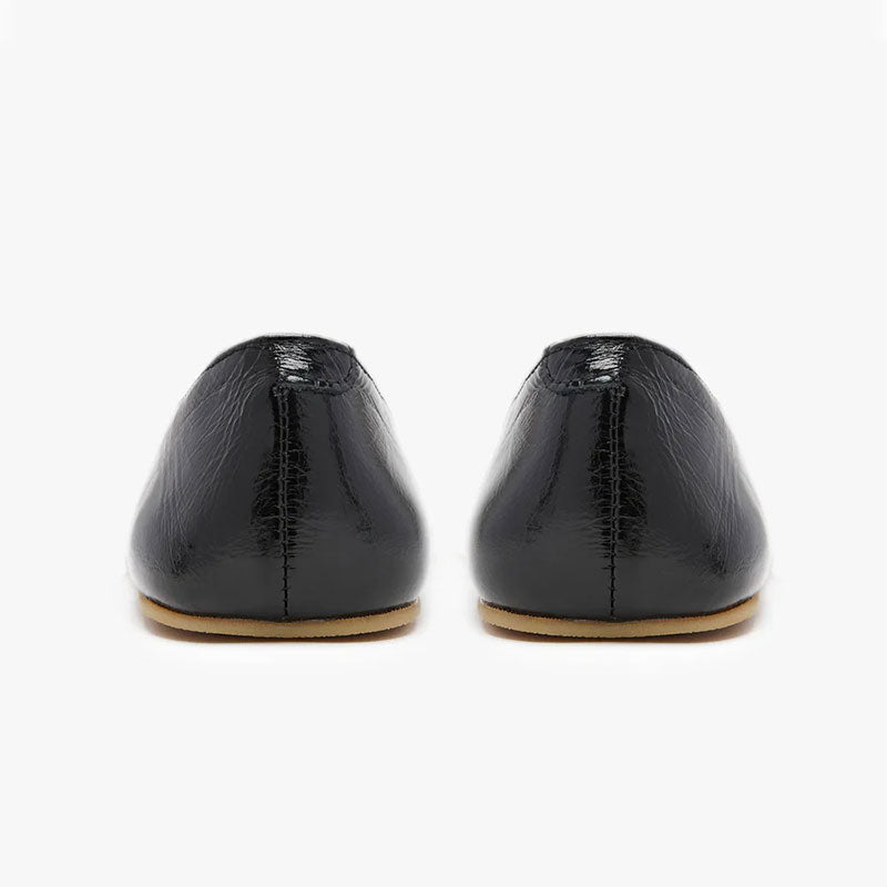 Pair of Origo Women's Derby Shoes - Black Patent, rear view.
