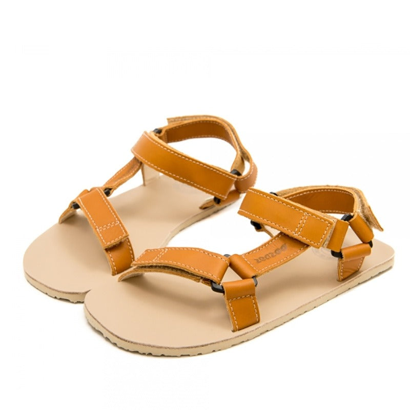 Pair of Zeazoo Kids Sandals Olymp - Camel, angled view showing outer side and front.