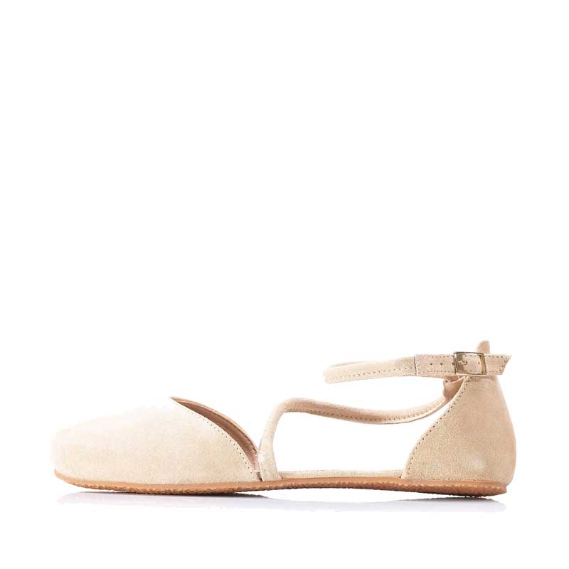 Shapen Women's Orchid Sandal - Beige Suede, outer side view.