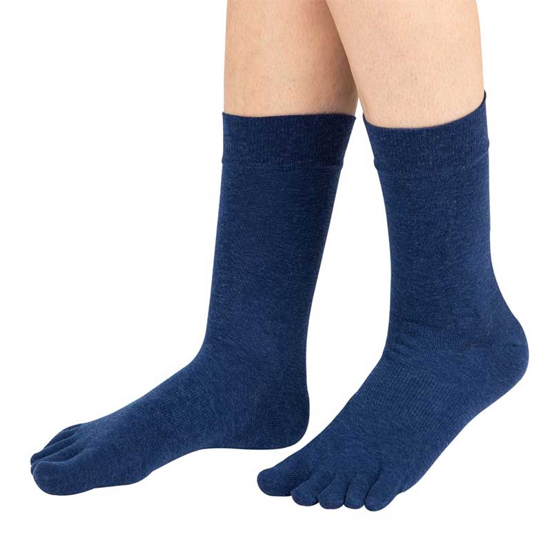 Person wearing TOTETOE Adults Outdoor Wool Mid-Calf Toe Socks - Denim.