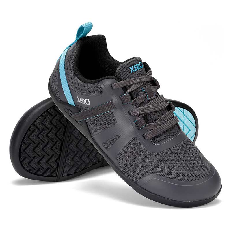 Pair of Xero Women's Athletic Shoes Prio Neo - Asphalt Blue, one angled showing the outer side and front view and the other showing the sole view.