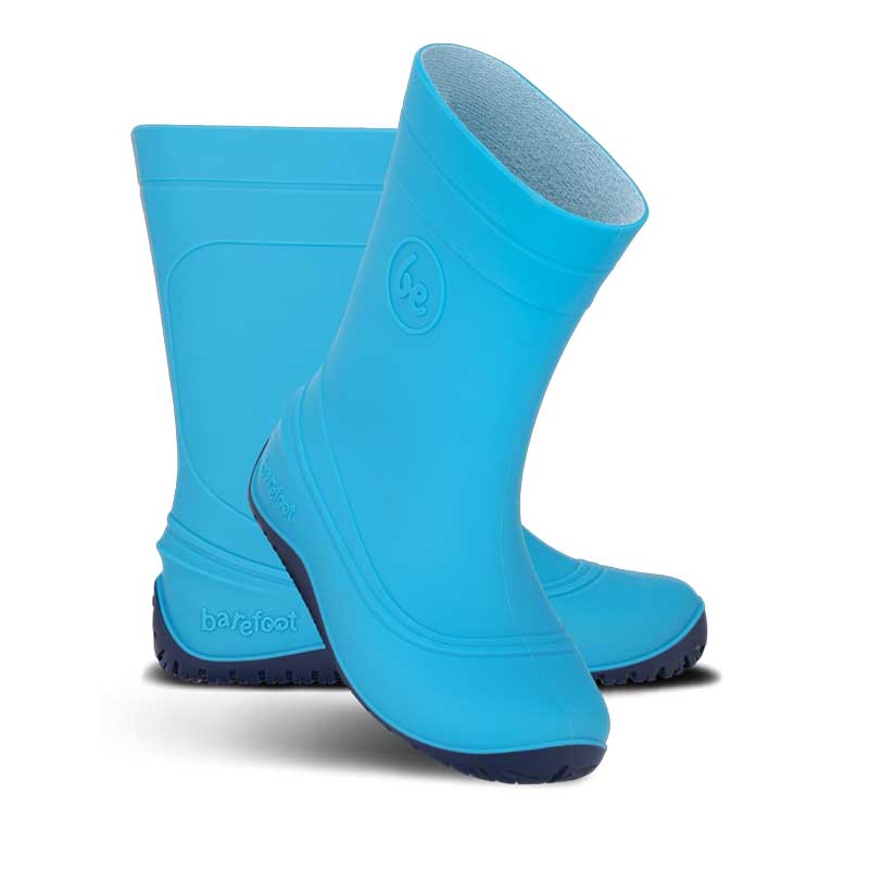 Pair of Be Lenka Kids Wellies Pudds - Aqua Blue, one angled and leaning showing the outer side, the other partially showing the inner side
