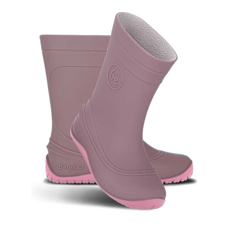 Pair of Be Lenka Kids Wellies Pudds - Misty Pink, one angled and leaning showing the outer side, the other partially showing the inner side