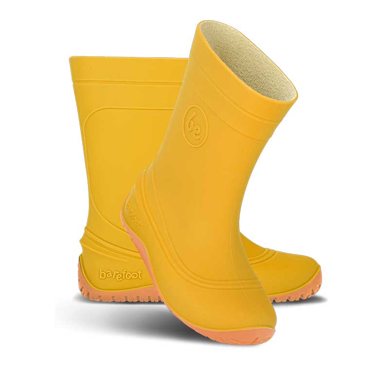 Pair of Be Lenka Kids Wellies Pudds - Yellow, one angled and leaning showing the outer side, the other partially showing the inner side