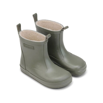 Pair of Bundgaard Kids Wellies Rain in army, angled view showing outer side and front.
