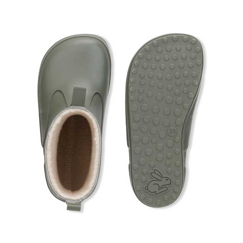 Pair of Bundgaard Kids Wellies Rain in army, top and sole view. 