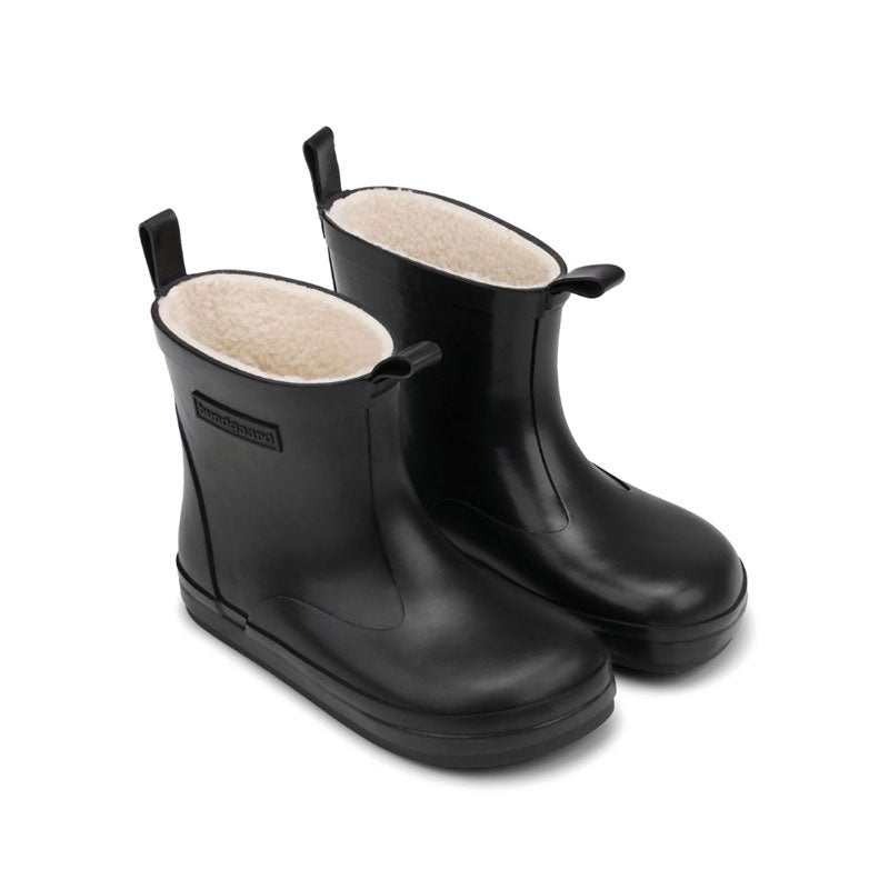 Pair of Bundgaard Kids Wellies Rain in black, angled view showing outer side and front.
