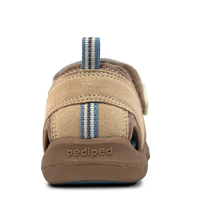 Pediped Flex Kids Sahara Sandal in sand, rear view.