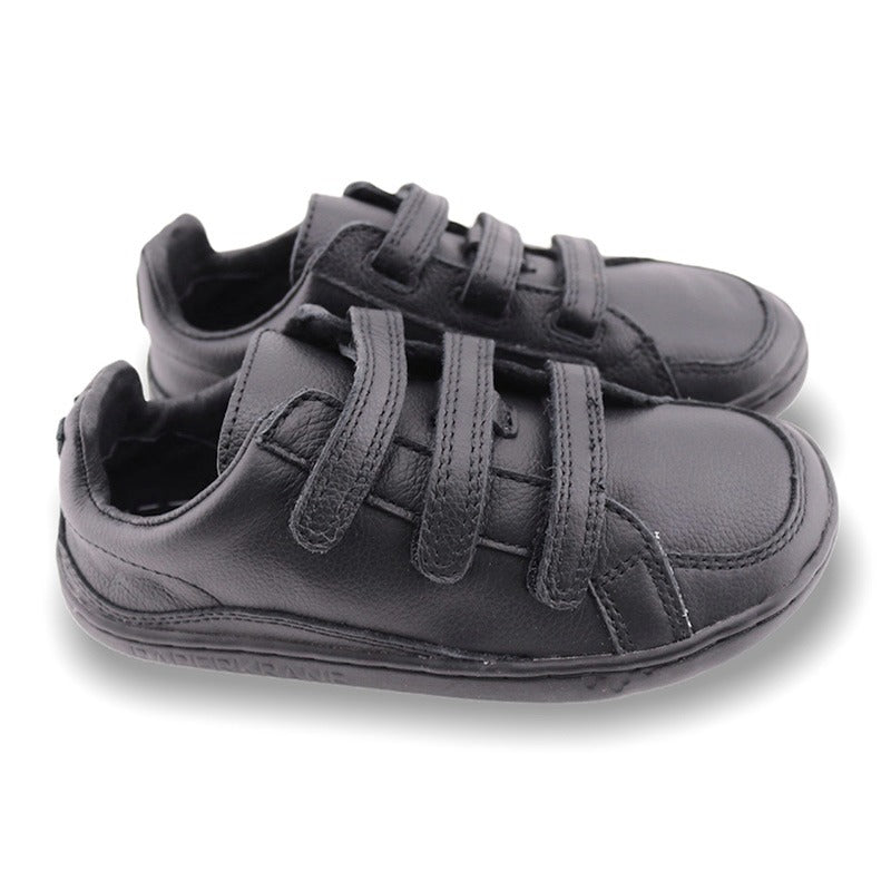 Pair of PaperKrane Kids Ruler Shoes in black, outer side and top view.