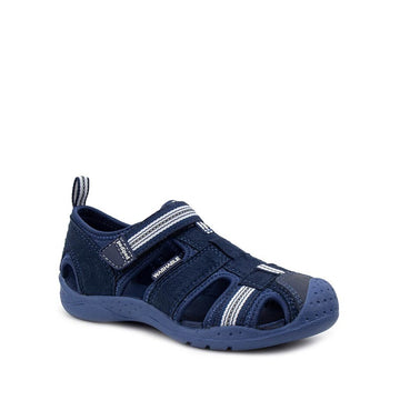 Pediped Flex Kids Sahara Sandal in navy blue, angled view showing outer side and front.