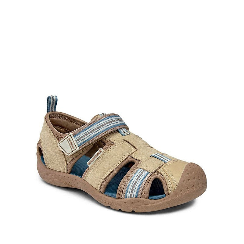 Pediped Flex Kids Sahara Sandal in sand, angled view showing outer side and front.