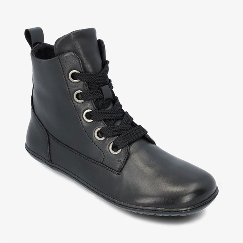 Groundies Women’s Salzburg Ankle Boot in black, angled view showing outer side and front.