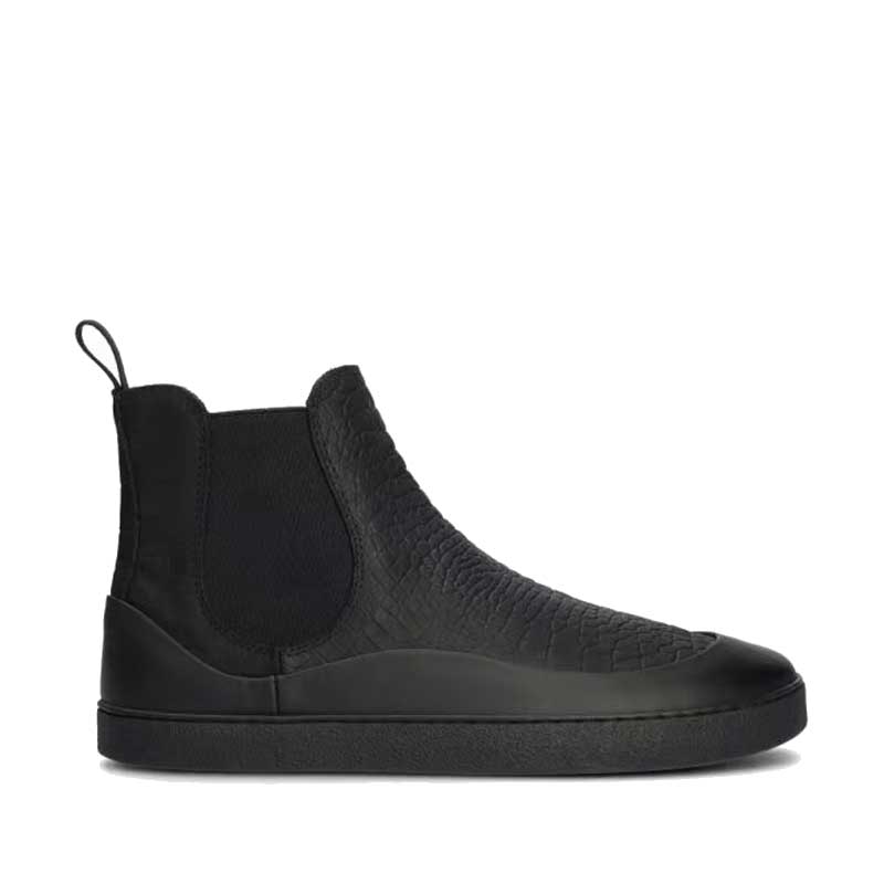 Groundies Women's Sienna Chelsea Boot - Black Crocodile Print, outer side view.