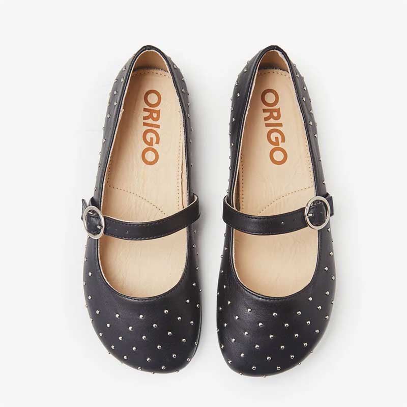 Pair of Origo Women's Classic Mary Jane Shoes - Studded Black, top view.