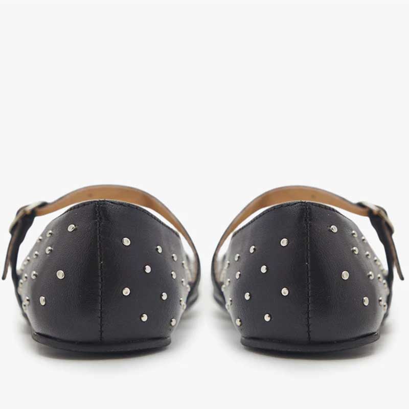 Pair of Origo Women's Classic Mary Jane Shoes - Studded Black, rear view.