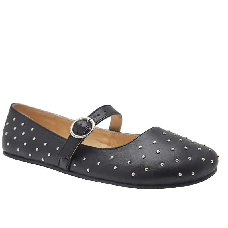 Origo Women's Classic Mary Jane Shoe - Studded Black, angled view showing outer side and front.