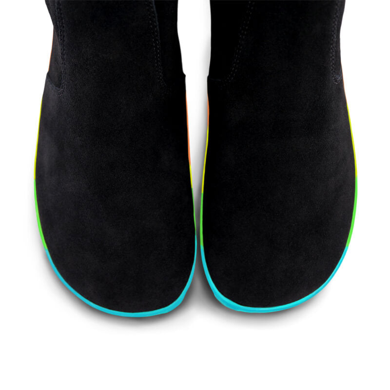 Pair of PaperKrane Adults Skittle Neon Chelsea Boots in black, top view showing toe box.