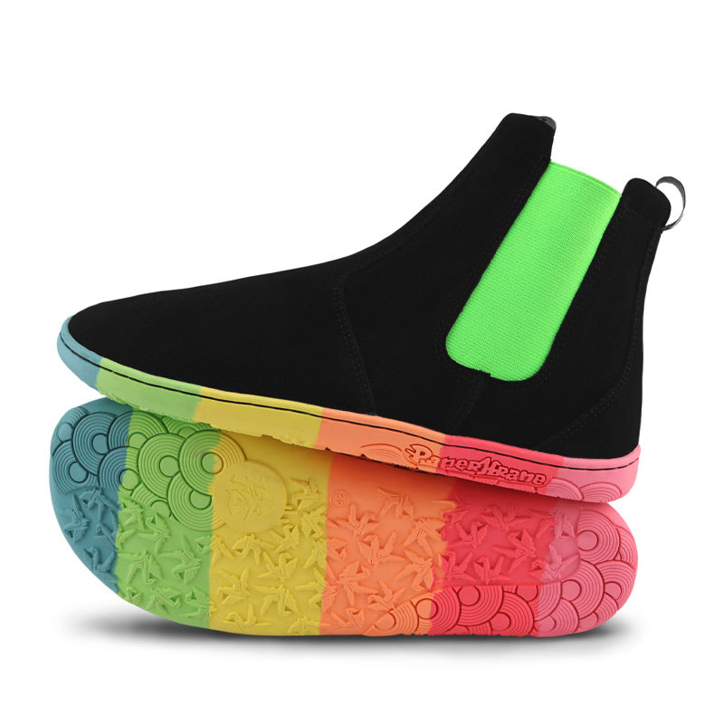 Pair of PaperKrane Adults Skittle Neon Chelsea Boots in black, one showing the outer side and the other on it's side showing the sole.