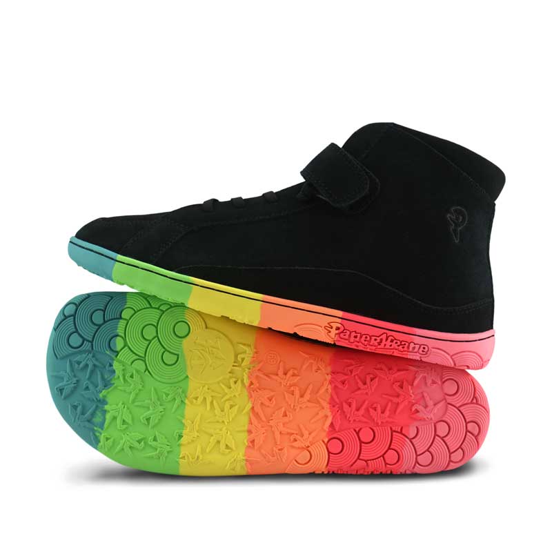Pair of PaperKrane Adults Skittle Mid Boots in black, one showing outer side and the other on it's side showing the sole.