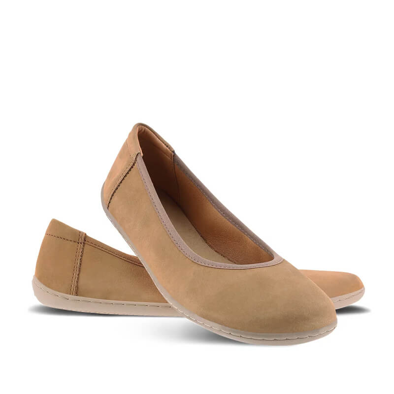 Pair of Be Lenka Women's Ballet Shoes Sophie - Toffee Brown, one angled and leaning showing the outer side, the other partially showing the inner side