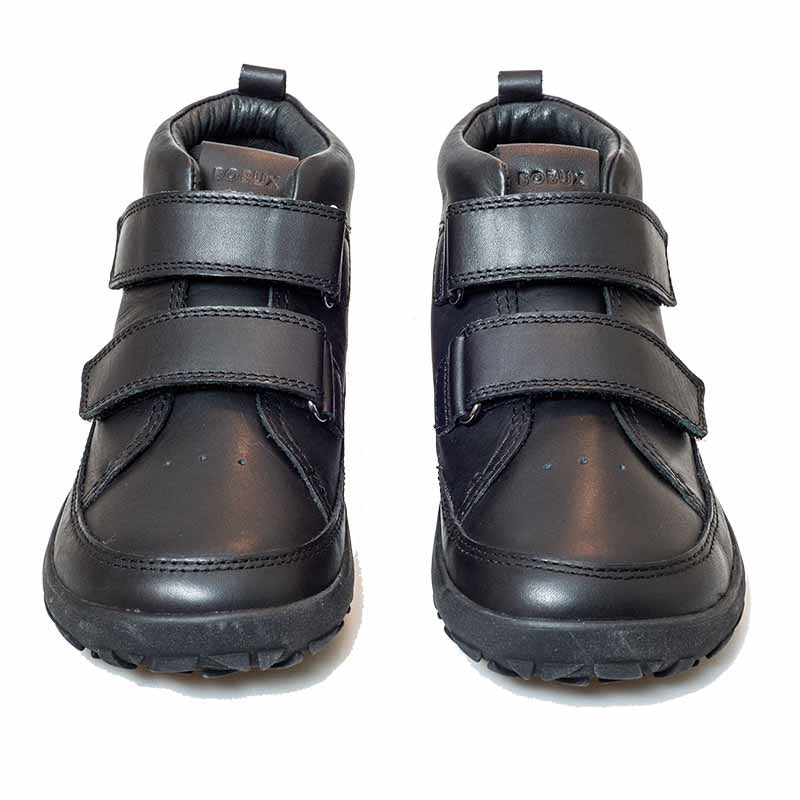 Pair of Bobux Alpha Trek School Boots - Black, front view showing double velcro straps