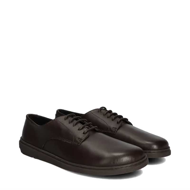 Pair of Groundies Adults Trento Shoes in chocolate, angled view showing outer side and front.