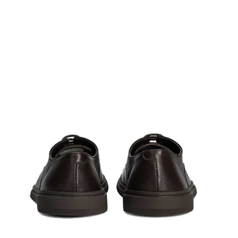 Pair of Groundies Adults Trento Shoes in chocolate, rear view.