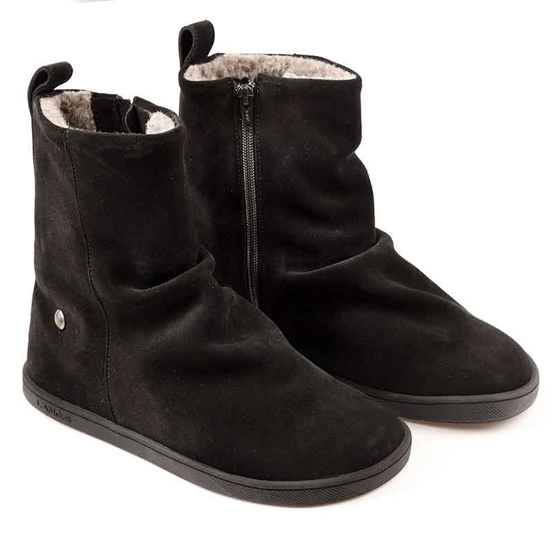 Pair of Tikki Lang.S Women's Velvet Boots - Black, angled view showing outer side and front.