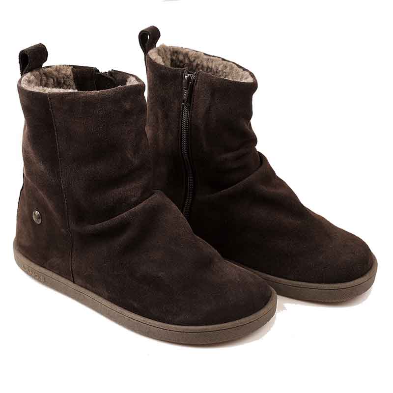 Pair of Tikki Lang.S Women's Velvet Boots - Brown, angled view showing outer side and front.