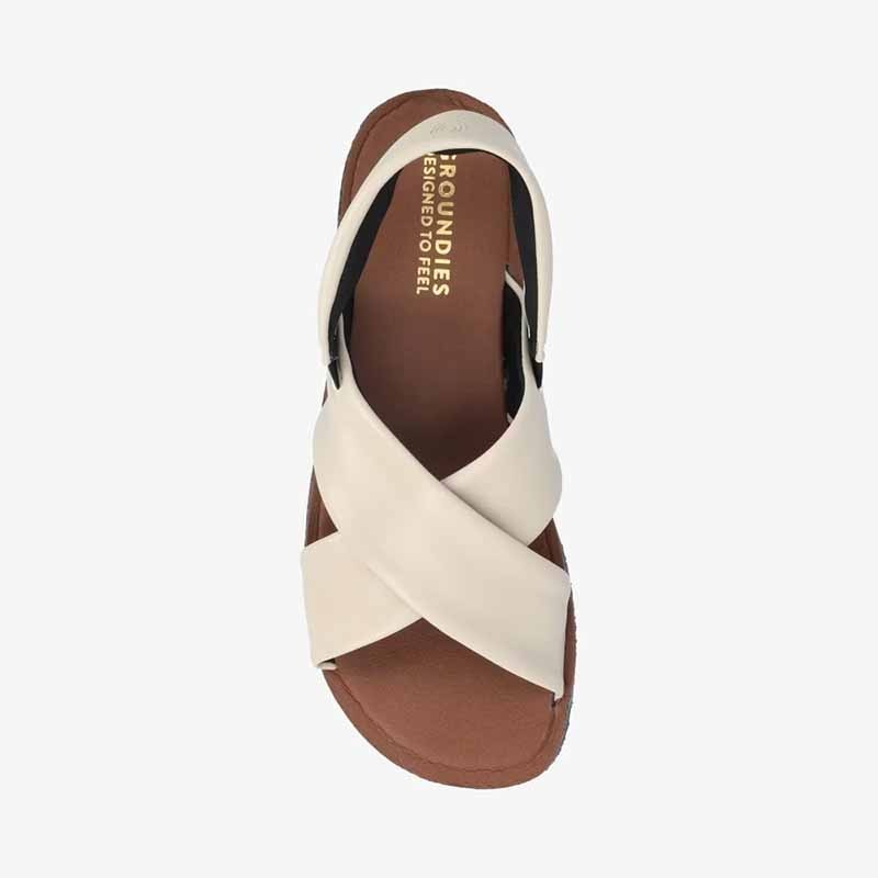 Groundies Women's Verona Sandal in beige, top view.