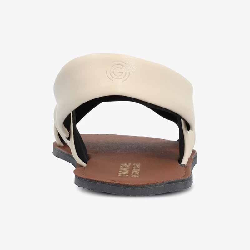 Groundies Women's Verona Sandal in beige, rear view