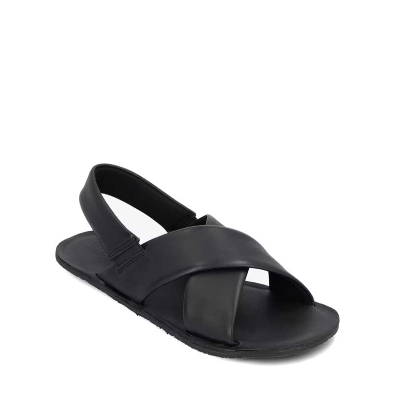 Groundies Women's Verona Sandal in black, angled view showing outer side and front.