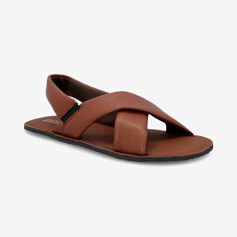 Groundies Women's Verona Sandal in caramel, angled view showing outer side and front.