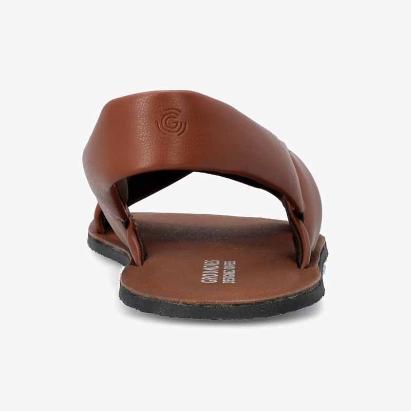 Groundies Women's Verona Sandal in caramel, rear view.