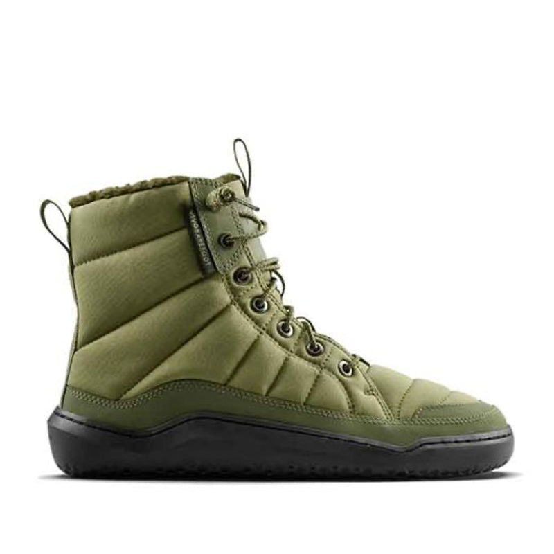 Vivobarefoot Women's Boot Gobi Hiber - Olive Green, outer side view.