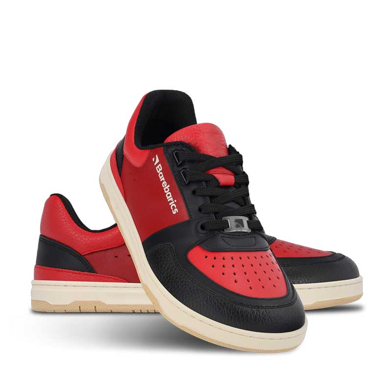 Pair of Be Lenka Adults Barebarics Trainers Wave - Black and Red, one angled and leaning showing the outer side, the other partially showing the inner side