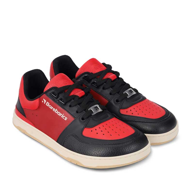 Pair of Be Lenka Adults Barebarics Trainers Wave - Black and Red, angled side view showing outer side, front and laces