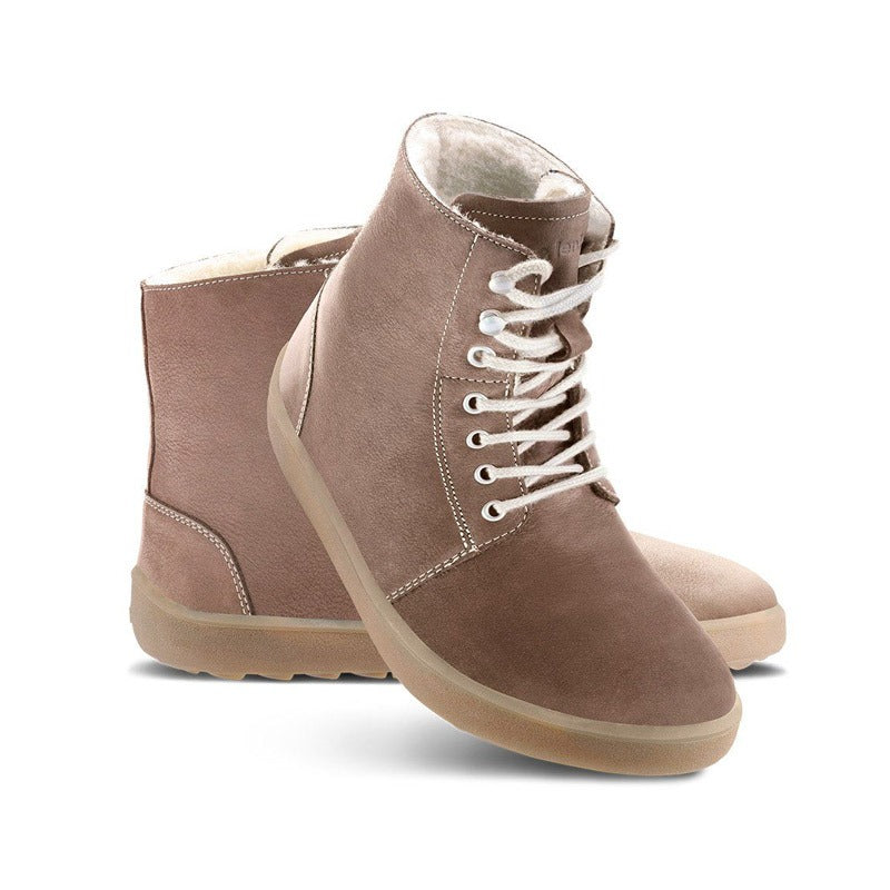 Pair of Be Lenka Adults Boots Winter - Walnut Brown, one angled and leaning showing the outer side, the other partially showing the inner side