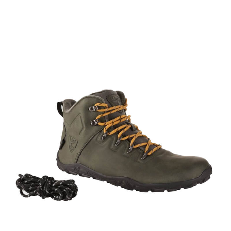 Kilpi Adults Waterproof Walking Boot Bare High in dark green, angled view showing outer side and front with yellow laces.