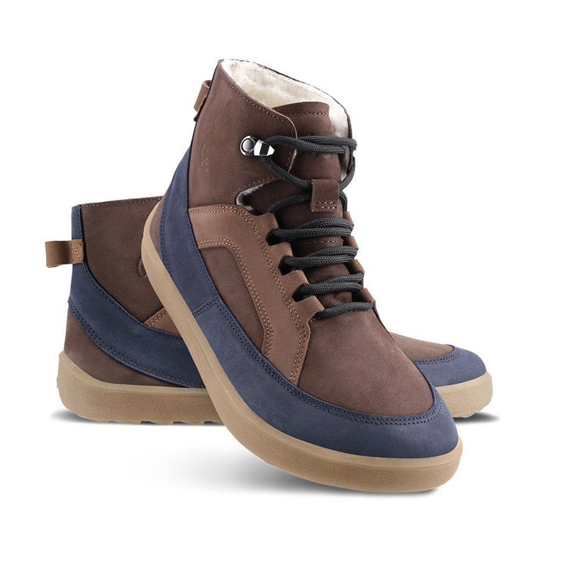 Pair of Be Lenka Adults Boots York - Brown and Navy, one angled and leaning showing the outer side, the other partially showing the inner side